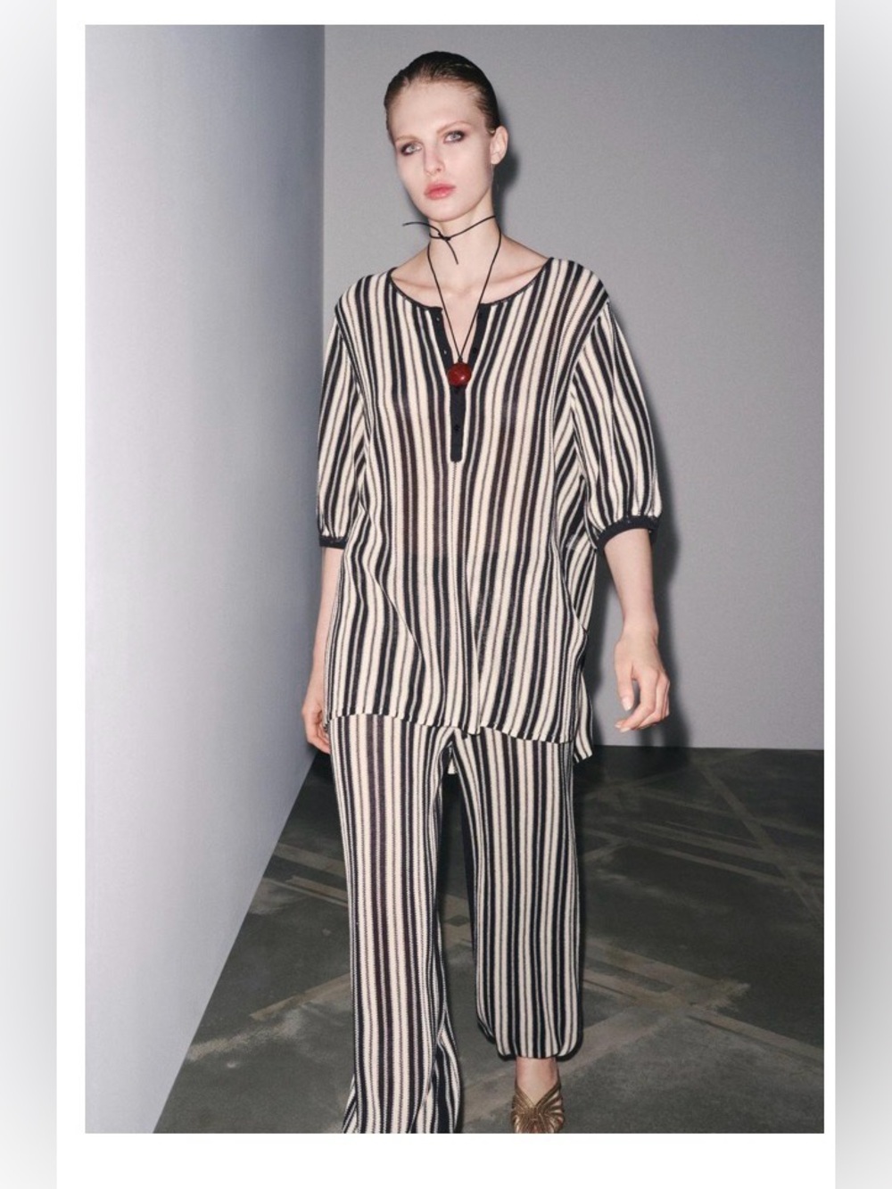 ZARA Striped Linen Two-Piece Wide-Leg Pants and Top Set Black/Ecru size medium